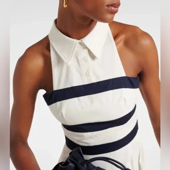 STAUD CAPTAIN IVORY OFF WHITE NAVY BLUE STRIPED HALTER MIDI DRESS SIZE 4 NWT - Picture 2 of 15